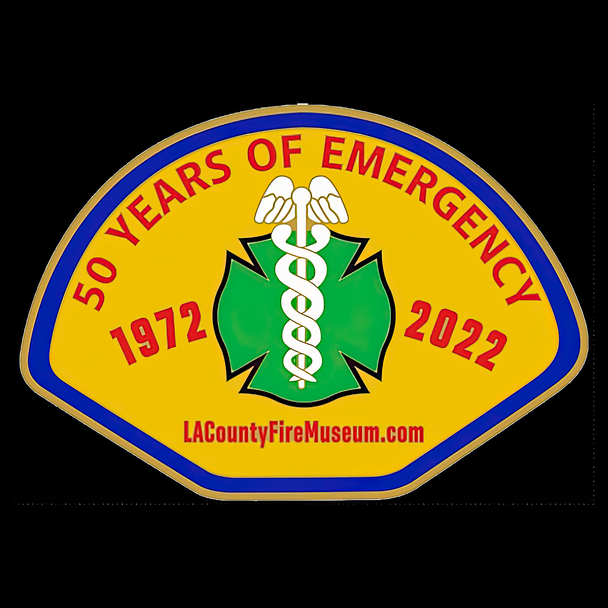 Emblem celebrating 50 years of emergency services from 1972 to 2022, featuring a medical symbol on a yellow background.